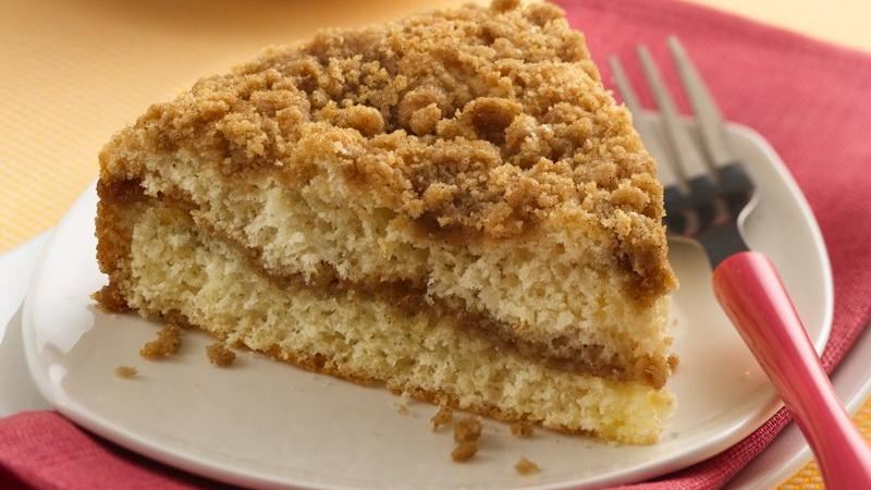 Coffee cake; the top of the cake is light and crumbly.