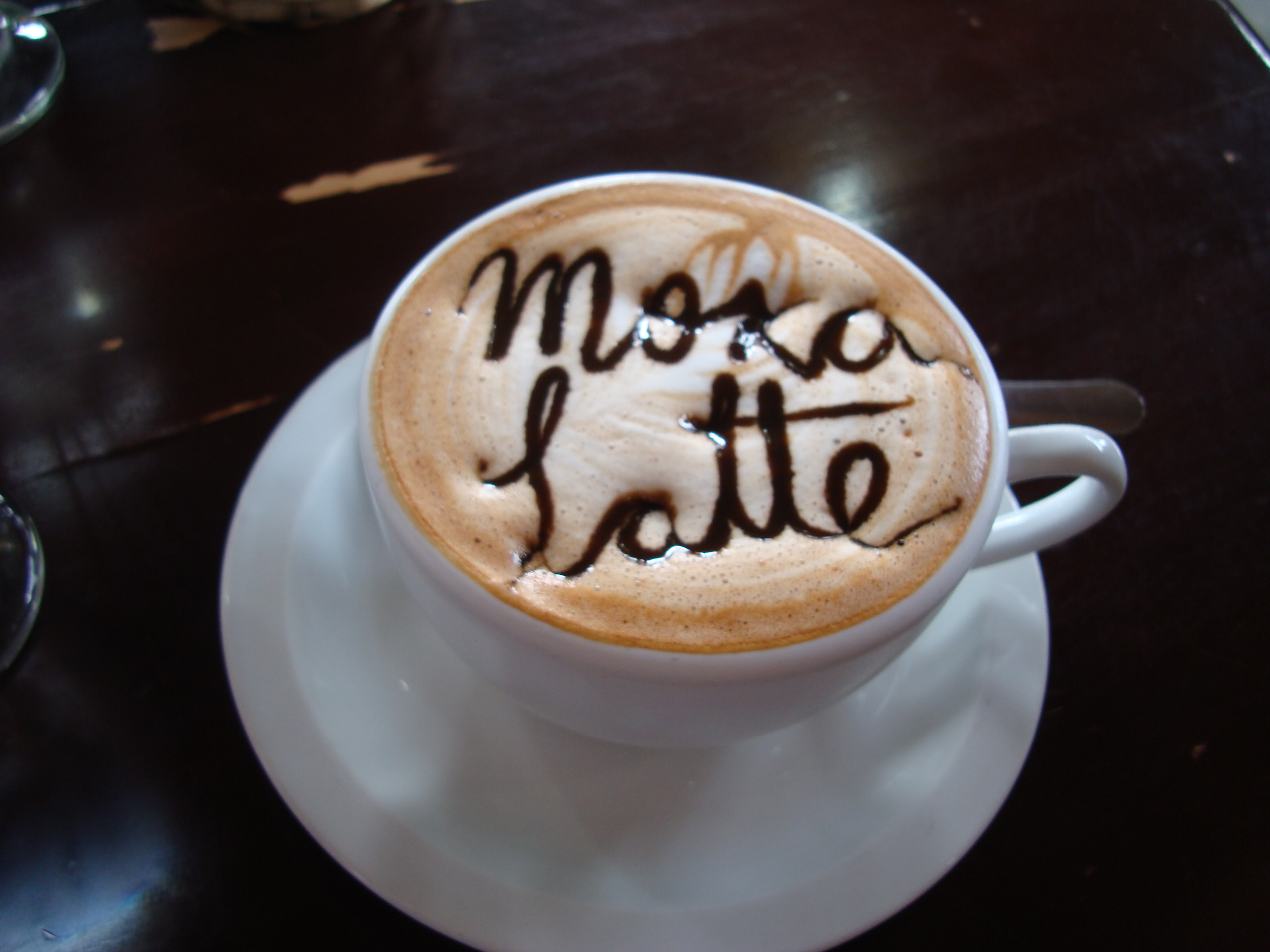 A cup of coffee is shown; written on the foam in chocolate syrup reads as 'mocha latte'.